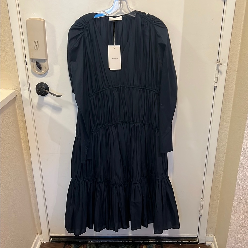 Navy Tiered Ruffled Long Sleeve Sundress